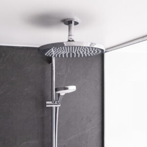 Thumbnail of http://A%20close-up%20of%20a%20shower%20head%20featuring%20multiple%20spray%20settings%20and%20a%20sleek%20design,%20mounted%20on%20a%20tiled%20wall.