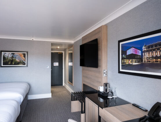 Interior of a hotel room with two beds and a television, showcasing a cozy and inviting atmosphere.